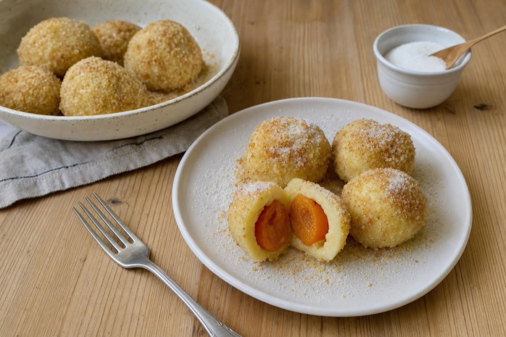 Apricot potato dumplings with buttered breadcrumbs