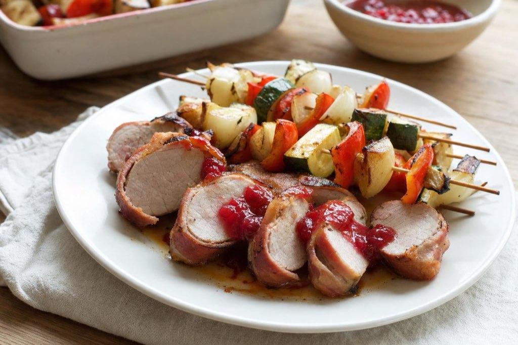 Pork tenderloin medallions with vegetable skewers