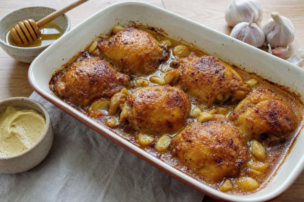 Baked honey mustard chicken thighs with garlic