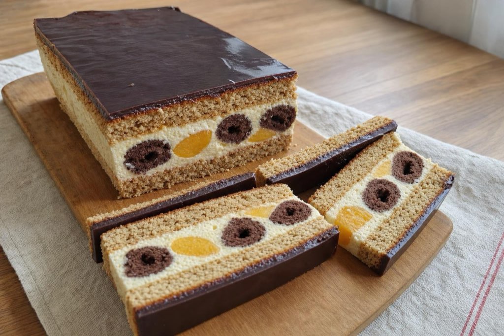 Medové okaté rezy s kakaovými valčekmi a broskyňami