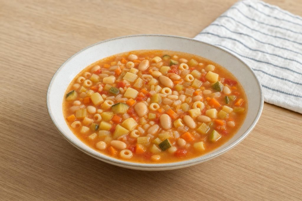Minestrone so zeleninou, bielou fazuľou a cestovinou