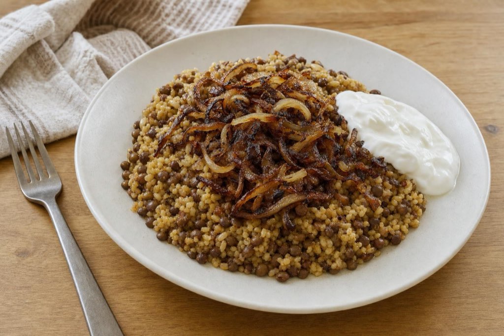 Mujadara: lentils and bulgur with caramelized onions