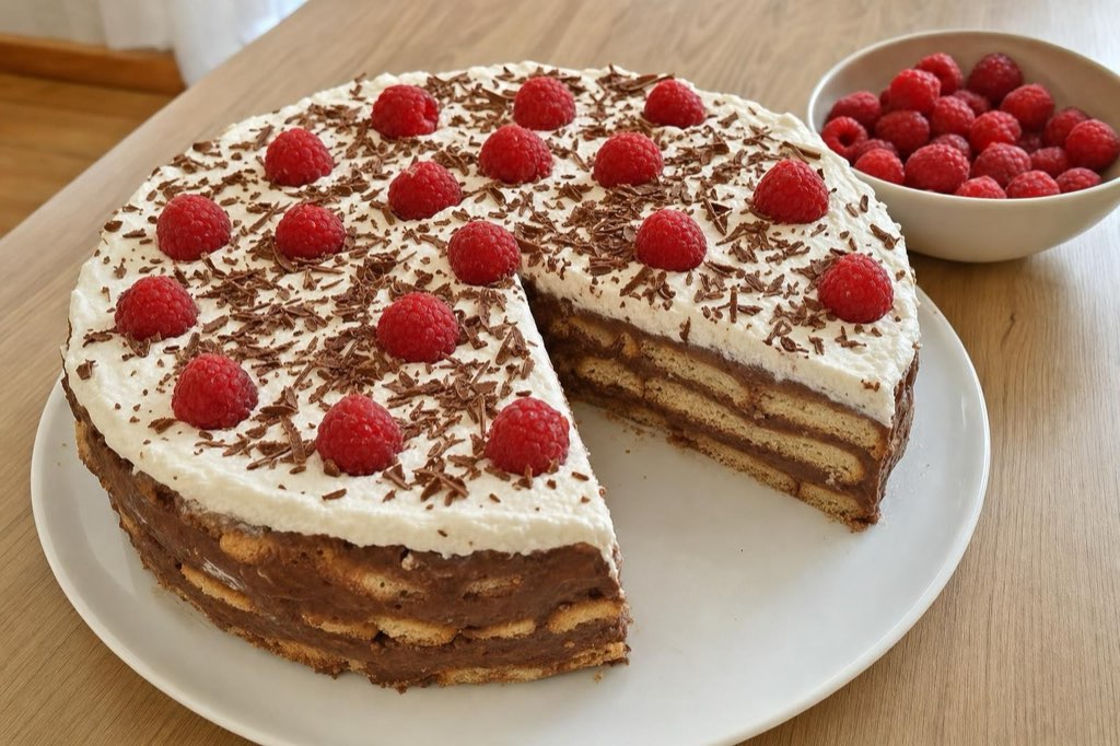 Nepečená čokoládová torta s piškótami, mascarpone a malinami
