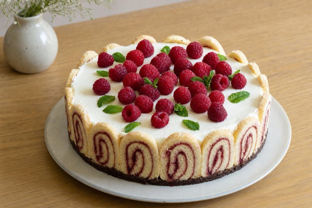 No-bake cheesecake with raspberry roll and fruit