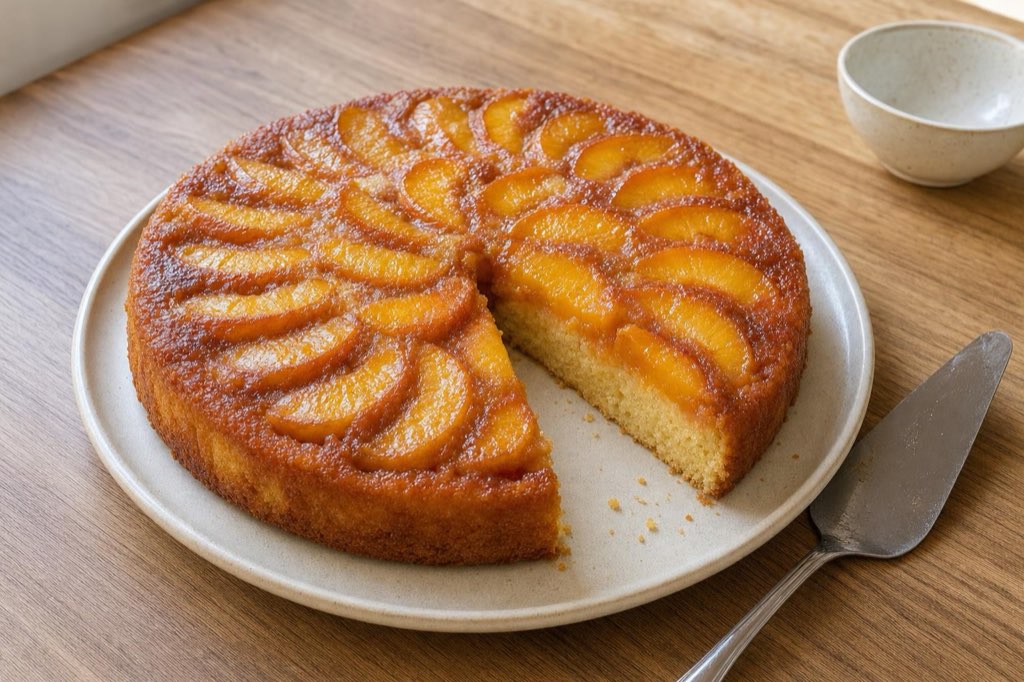 Peach upside-down cake with caramel