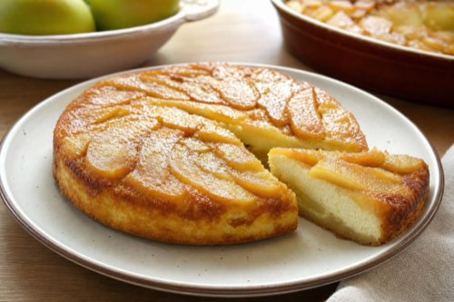 Obrátený tvarohový koláč s jablkami a kyslou smotanou