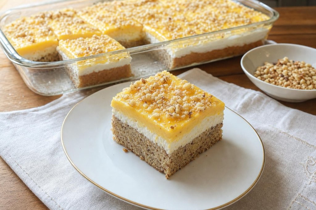 Nut sheet cake with quark cream and Fanta pudding