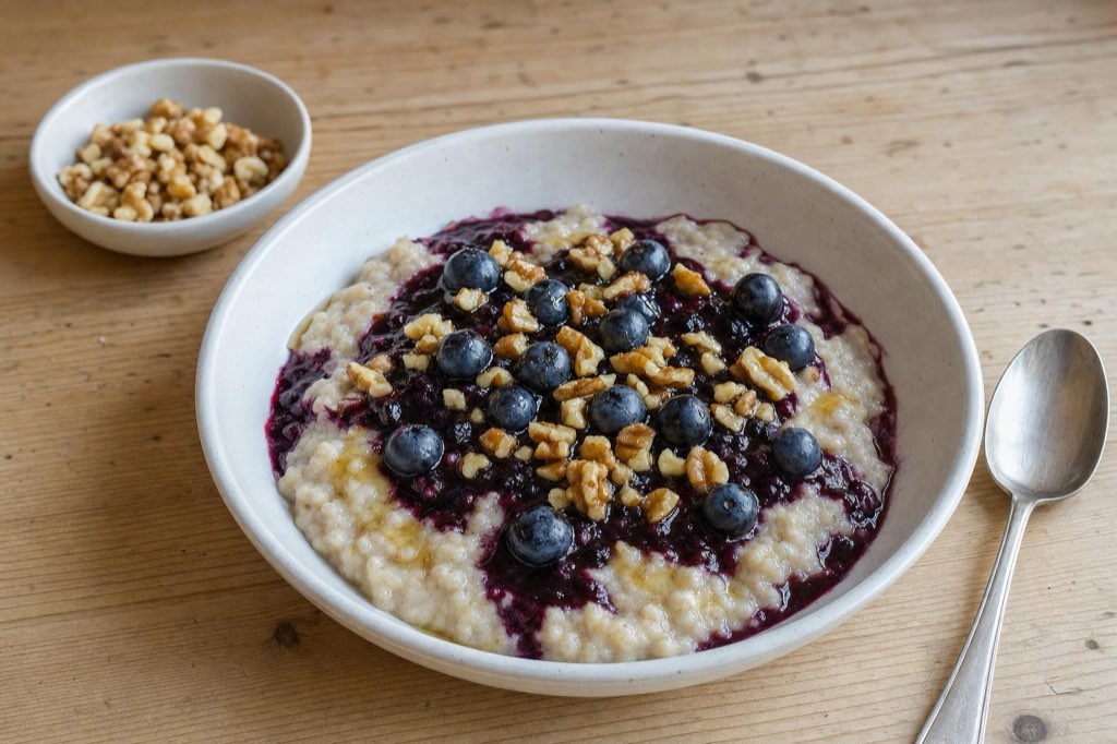 Oatmeal with blueberries, honey and walnuts