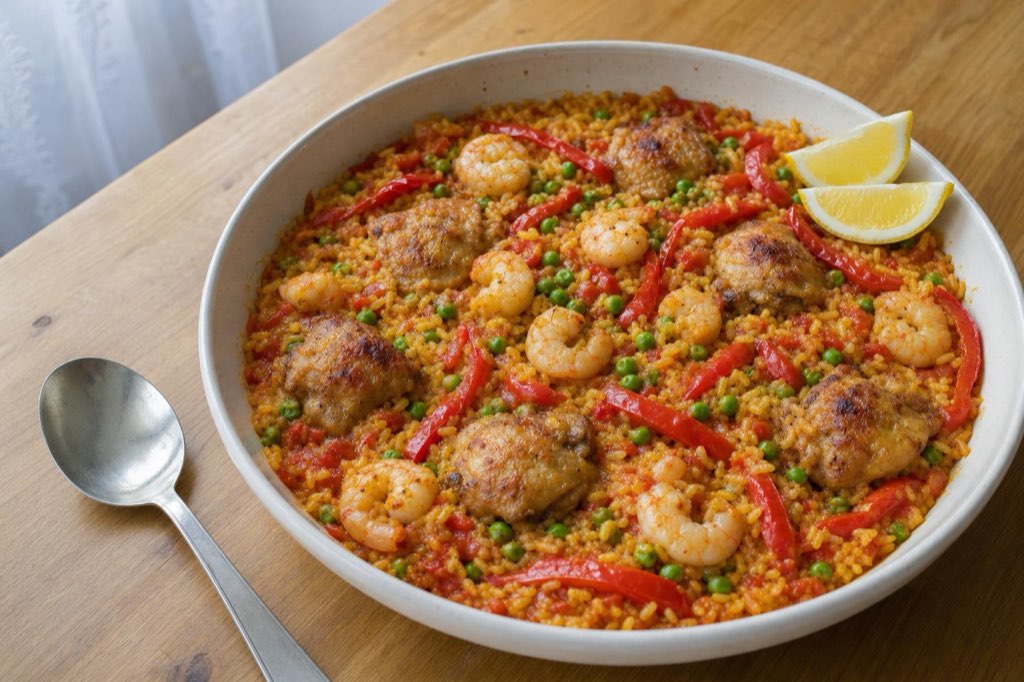 Paella s krevetami, kuracím mäsom a hráškom