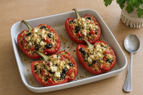 Baked peppers stuffed with couscous, feta and olives