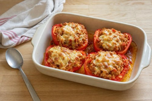 Ground chicken and quinoa stuffed peppers