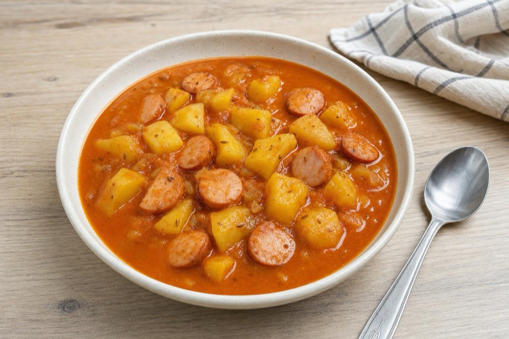 Frankfurter and potato goulash with paprika