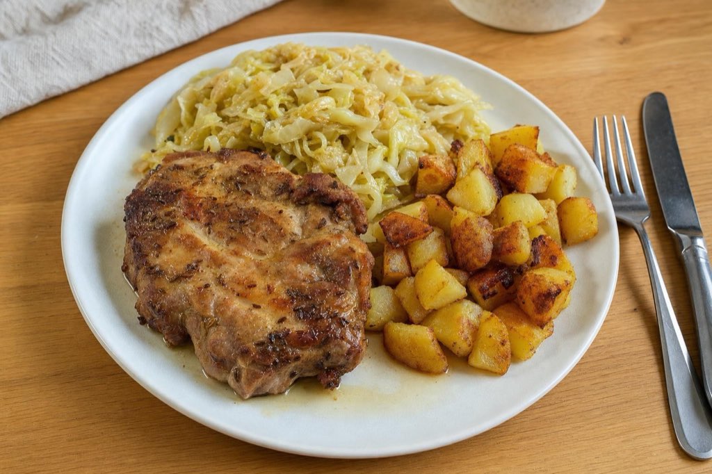 Roasted pork neck with savoy cabbage and potatoes