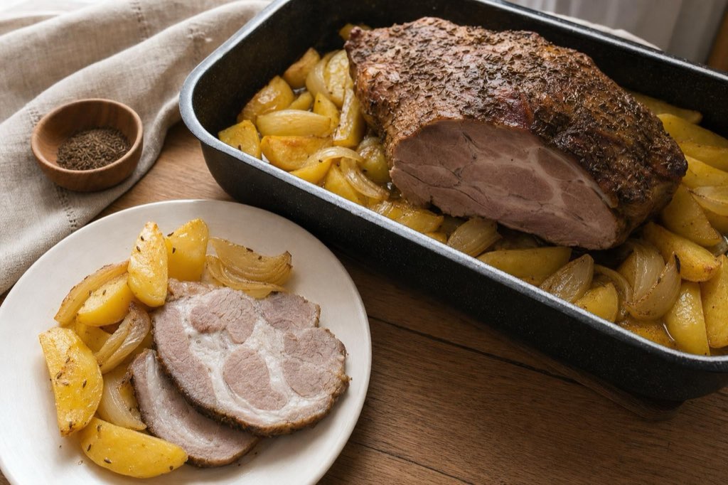 Pečená krkovička vcelku na zemiakoch s cibuľou