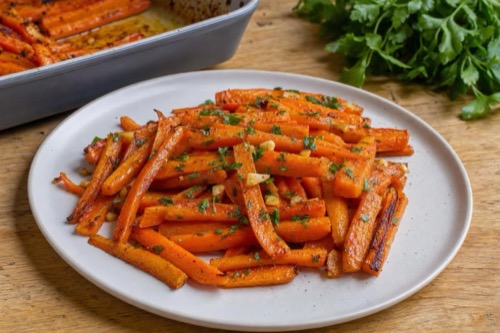 Pečená mrkva s cesnakom, paprikou a petržlenovou vňaťou