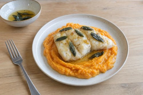 Baked cod with sweet potato mash and brown butter