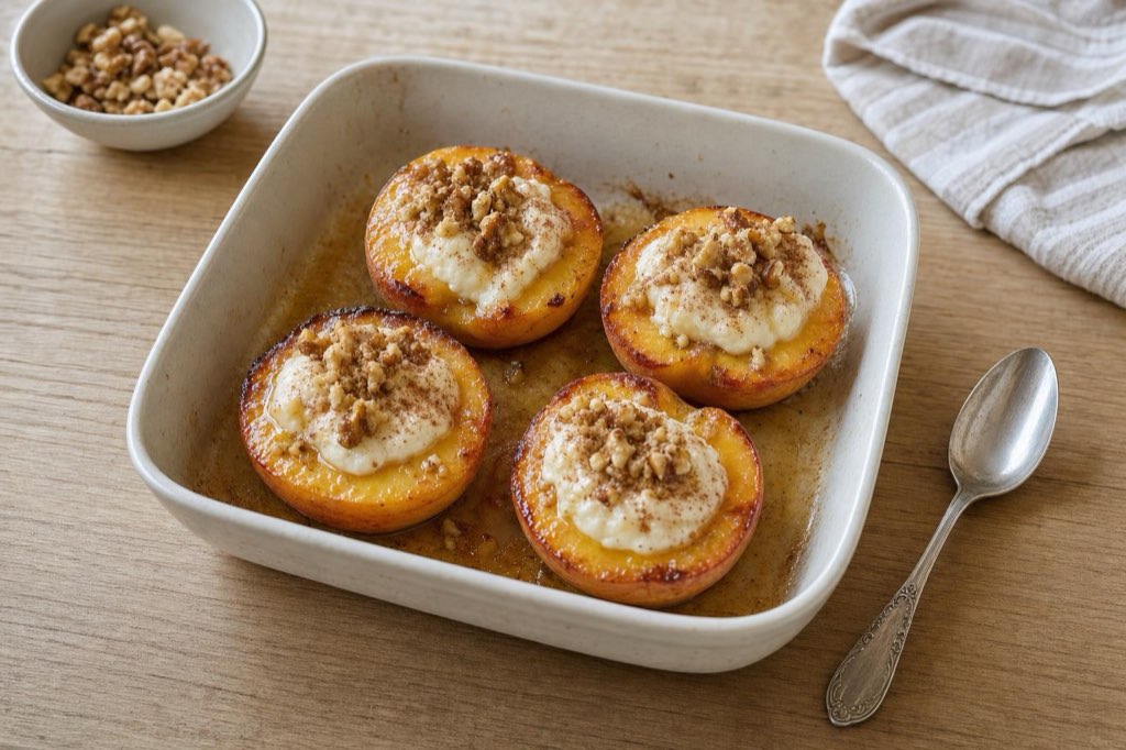 Baked peaches with mascarpone, honey and walnuts