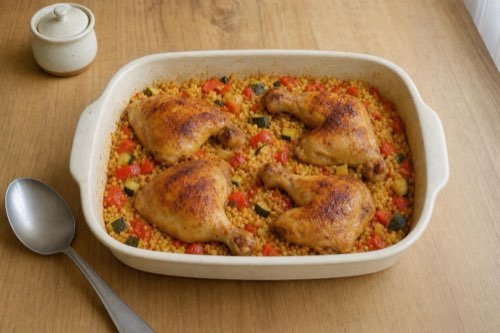 Baked chicken legs with bulgur, peppers, and zucchini