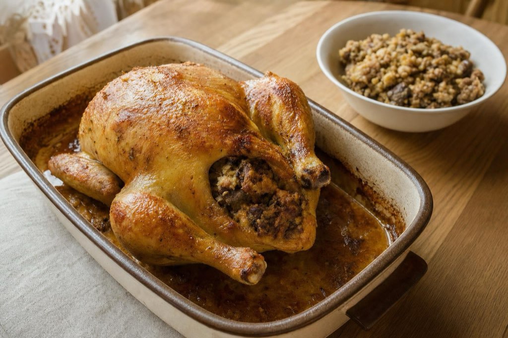 Roast chicken with chicken liver and apple stuffing