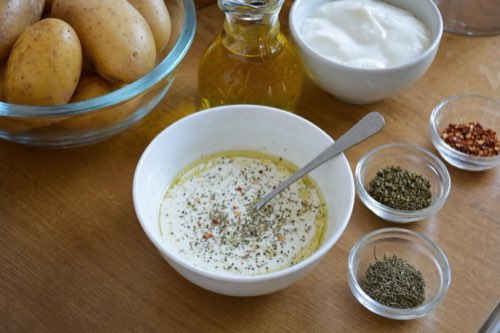 Greek yogurt roasted potatoes with chili and thyme