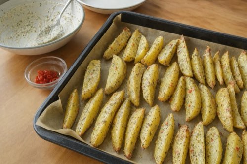 Greek yogurt roasted potatoes with chili and thyme