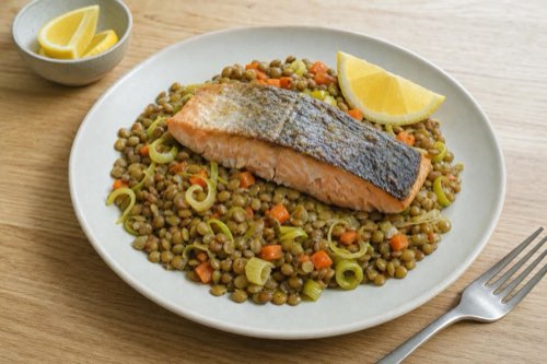 Baked salmon with lentils, leeks and carrots