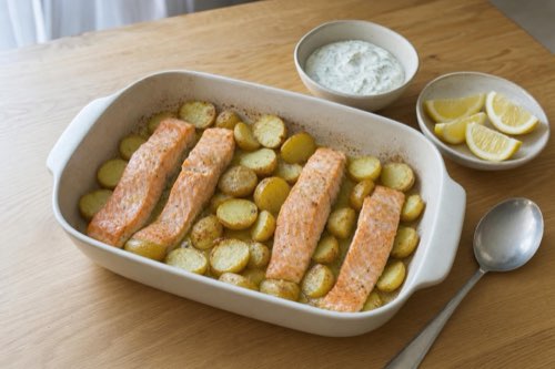 Baked salmon with new potatoes and dill yogurt