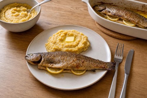 Baked trout with yellow pea puree and lemon