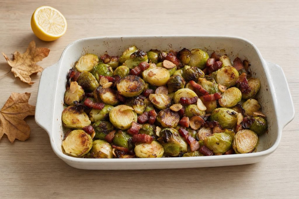 Pečený ružičkový kel so slaninou a cesnakom