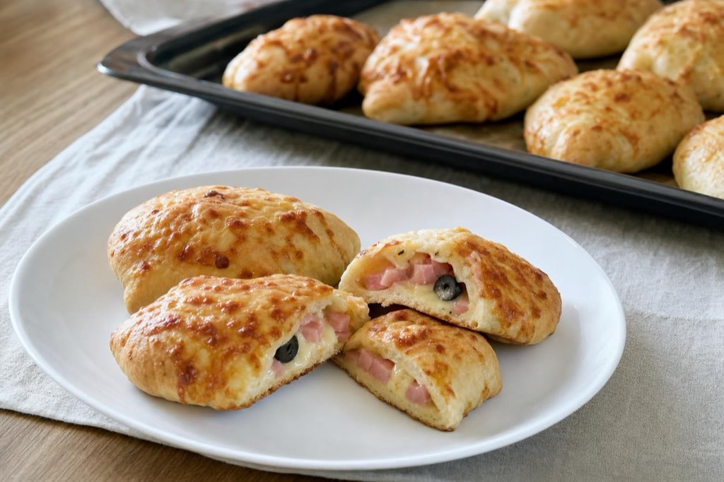 Pizza pockets with ham, cheese, and olives
