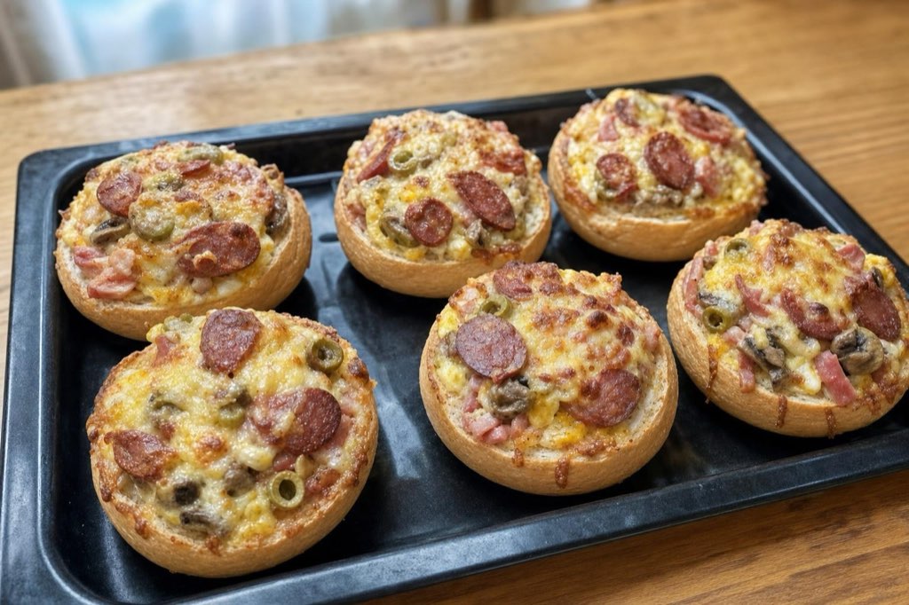 Pizza žemle so šunkou, klobásou a šampiňónmi