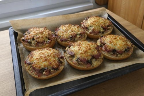 Pizza rolls with ham, sausage, and mushrooms