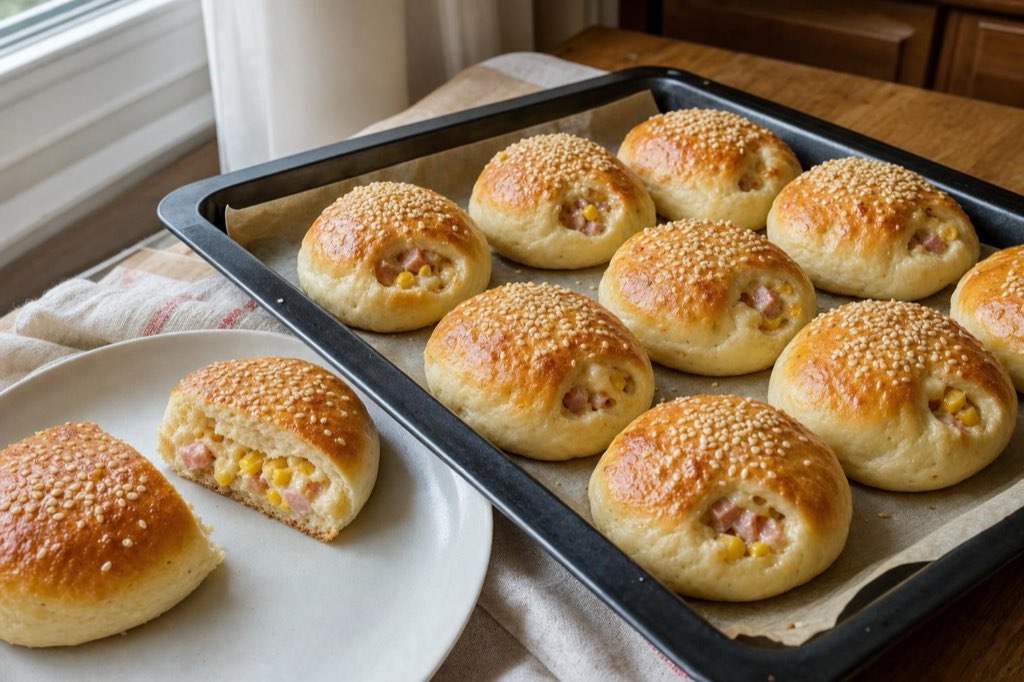 Plnené kysnuté pečivo so šunkou, kukuricou a sezamom
