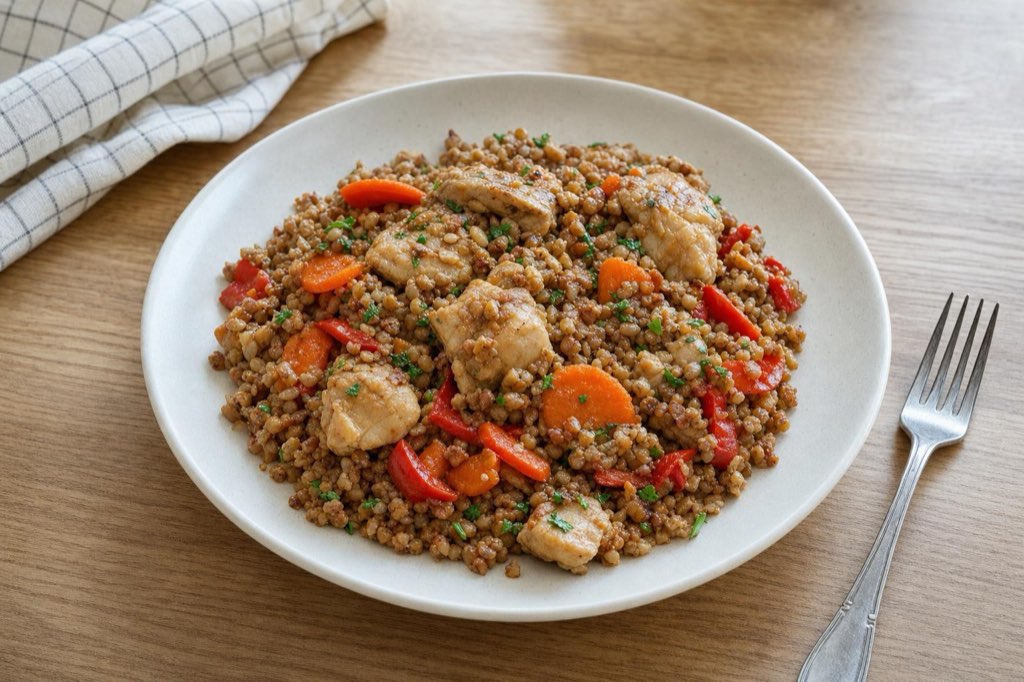 Skillet buckwheat with chicken and vegetables
