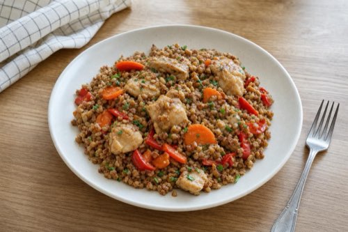 Skillet buckwheat with chicken and vegetables