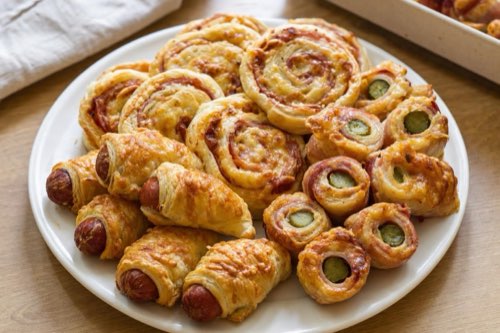 Pohostenie z lístkového cesta so slaninou, klobásou a syrom