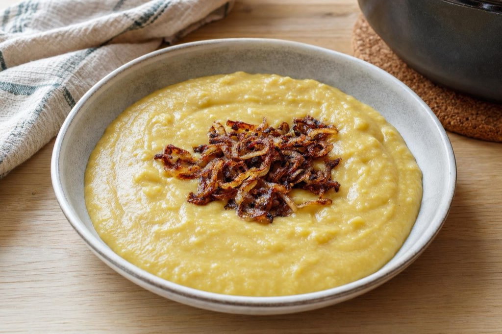 Yellow split pea stew with garlic and onion