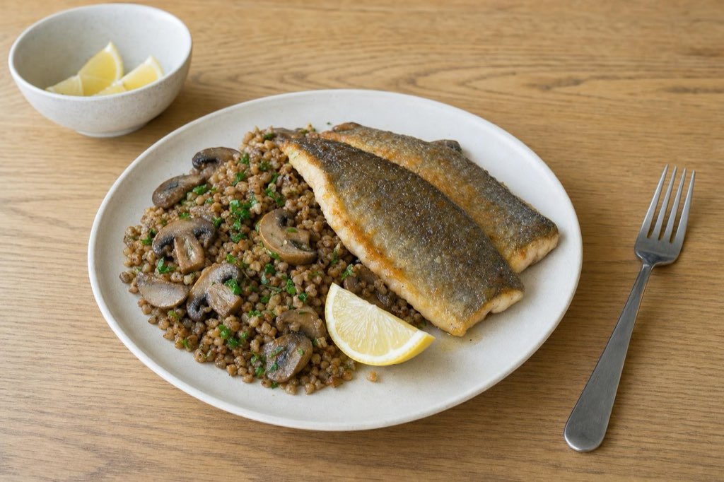 Butter-seared trout with buckwheat and mushrooms