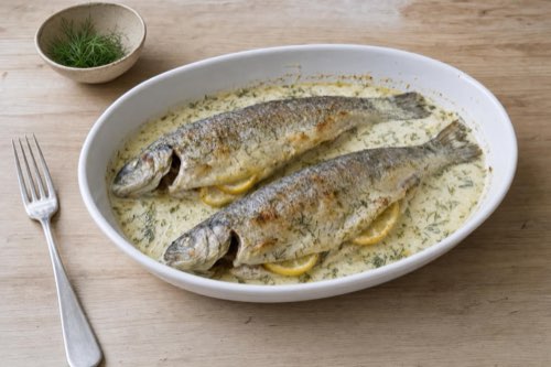 Baked whole trout with dill cream sauce