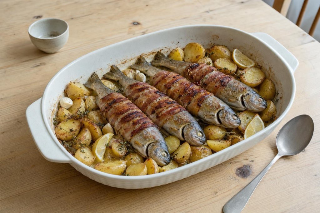 Bacon-wrapped trout with new potatoes