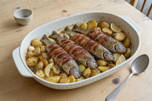 Bacon-wrapped trout with new potatoes