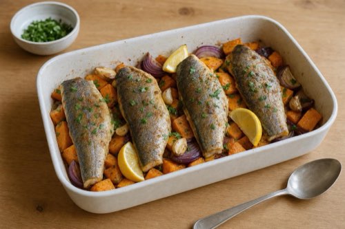 Baked trout with sweet potatoes, garlic and lemon