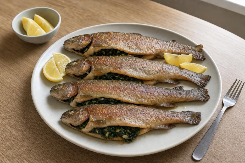 Oven-baked trout stuffed with spinach and garlic