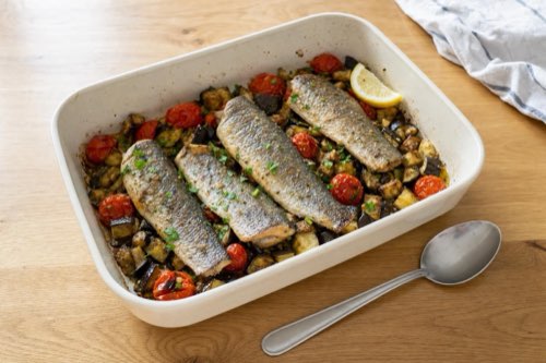 Baked trout with eggplant and cherry tomatoes