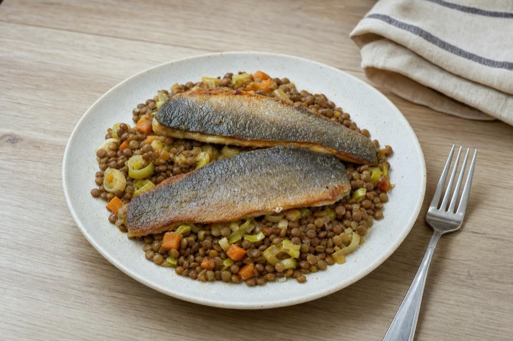 Trout fillets with lentils, leeks, and mustard