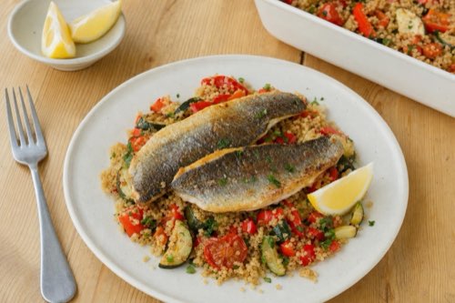 Trout fillets with quinoa and roasted vegetables