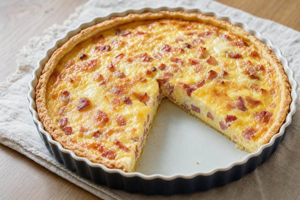 Bacon and mozzarella quiche with a buttery crust