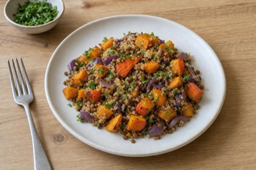 Quinoa with lentils and roasted Hokkaido pumpkin