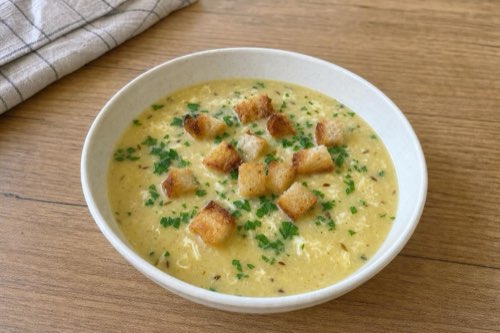 Caraway soup with eggs and toasted bread