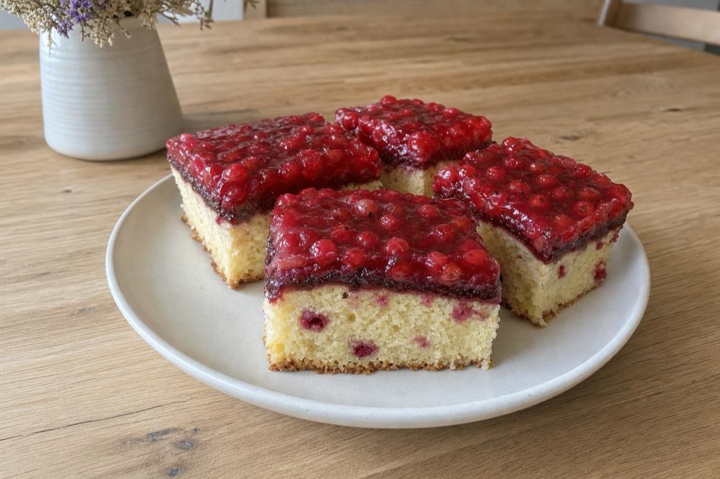 Johannisbeerkuchen mit Konfitüre und Puddingguss